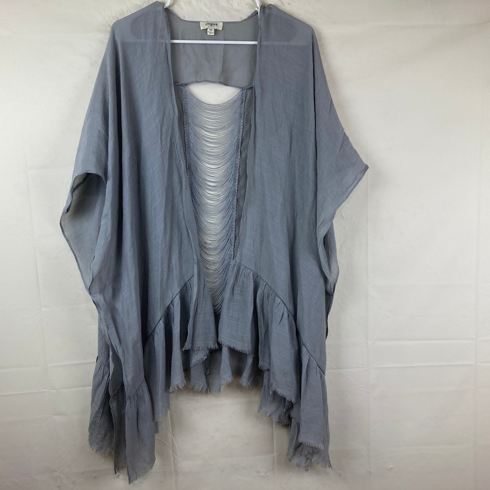 Umgee Kimono Wrap Womens S/M Blue Gray Fringe Back Ruffle Boho Festival Beach - Picture 2 of 7